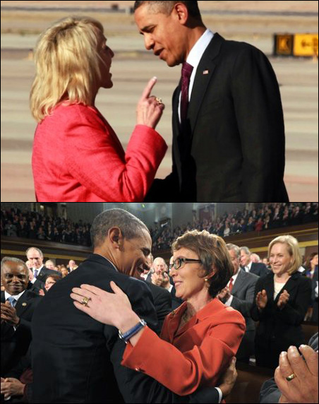 Governor Jan Brewer scolding President Obama with an upraised finger. She later complained of feeling threatened by him. Representative Gabrielle Giffords, who was ACTUALLY SHOT IN THE FACE, hugs him at the State of the Union.