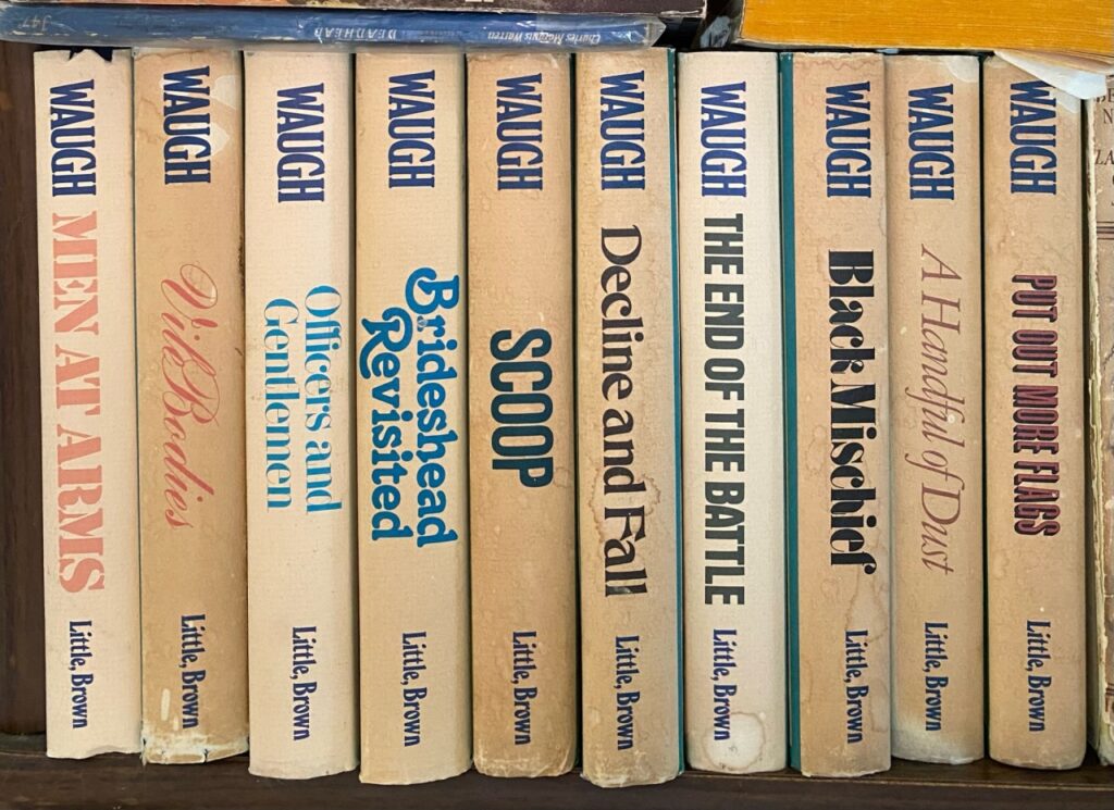 A series of Evelyn Waugh book spines