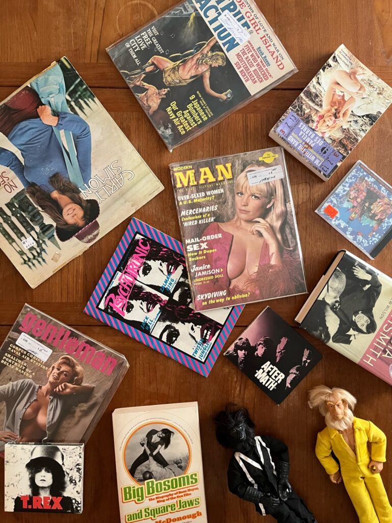 An assortment of mildly ribald vintage magazines and a Dr. Zaius doll